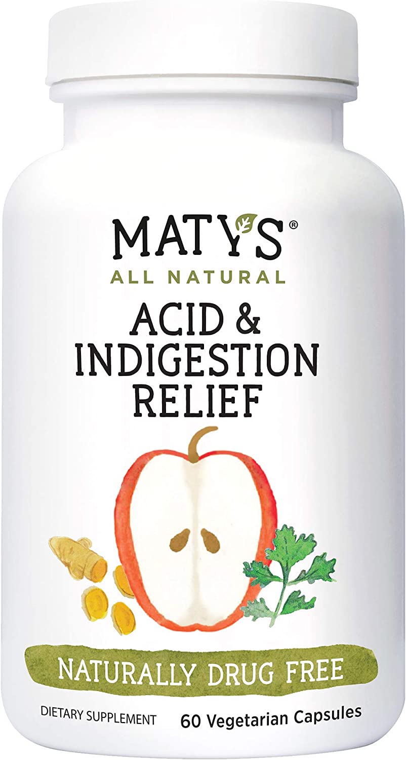 Maty’s Acid & Indigestion Relief Capsules – All Natural – Safe & Effective Heartburn Relief Made with Ginger, Turmeric & More – 60 Count, 30 Servings